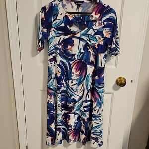 Nina Leonard Blue, Purple & White Abstract Floral Midi Dress